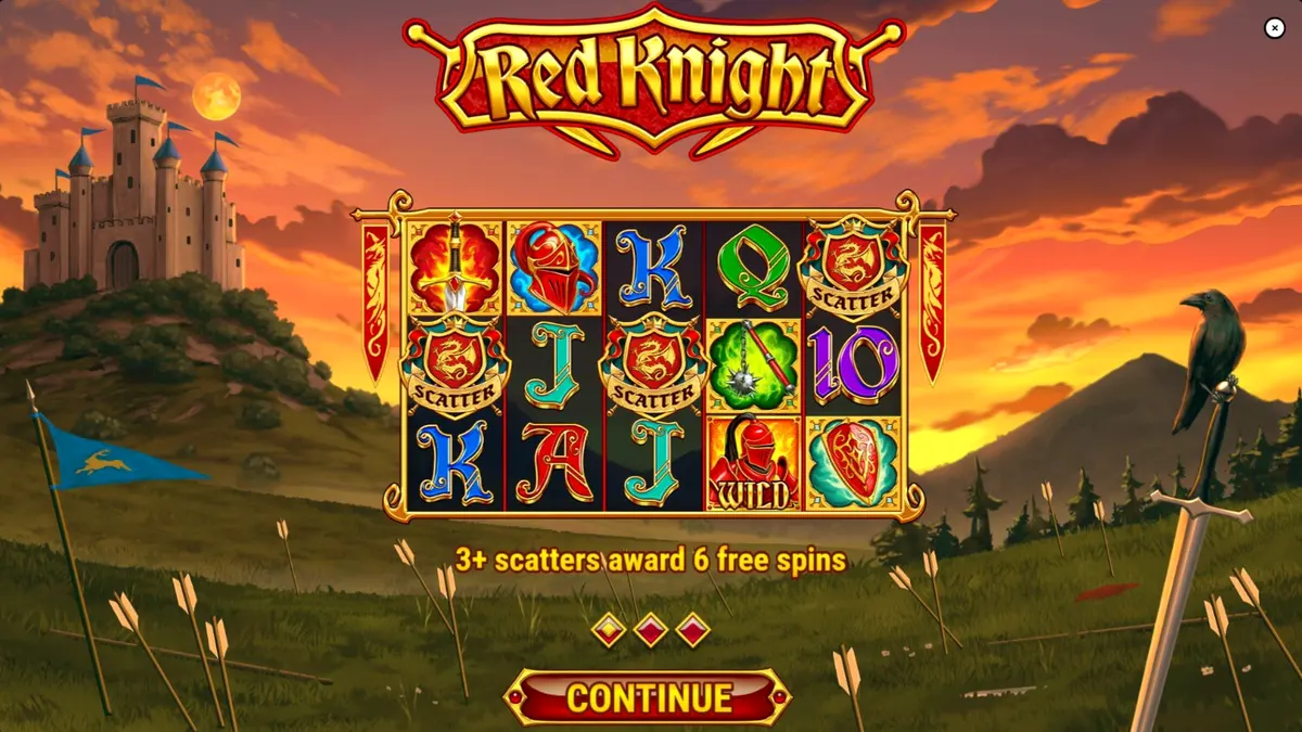 Tampilan visual slot Red Knight bertema ksatria abad pertengahan dengan latar belakang kastil yang terbakar.